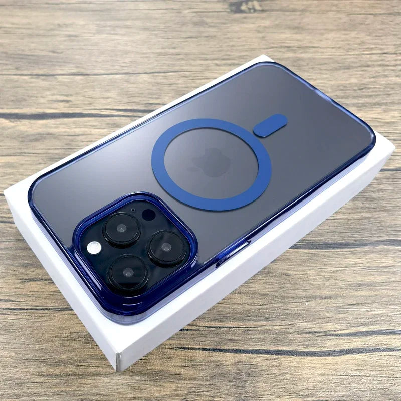 Blue-trimmed iPhone case with MagSafe ring.