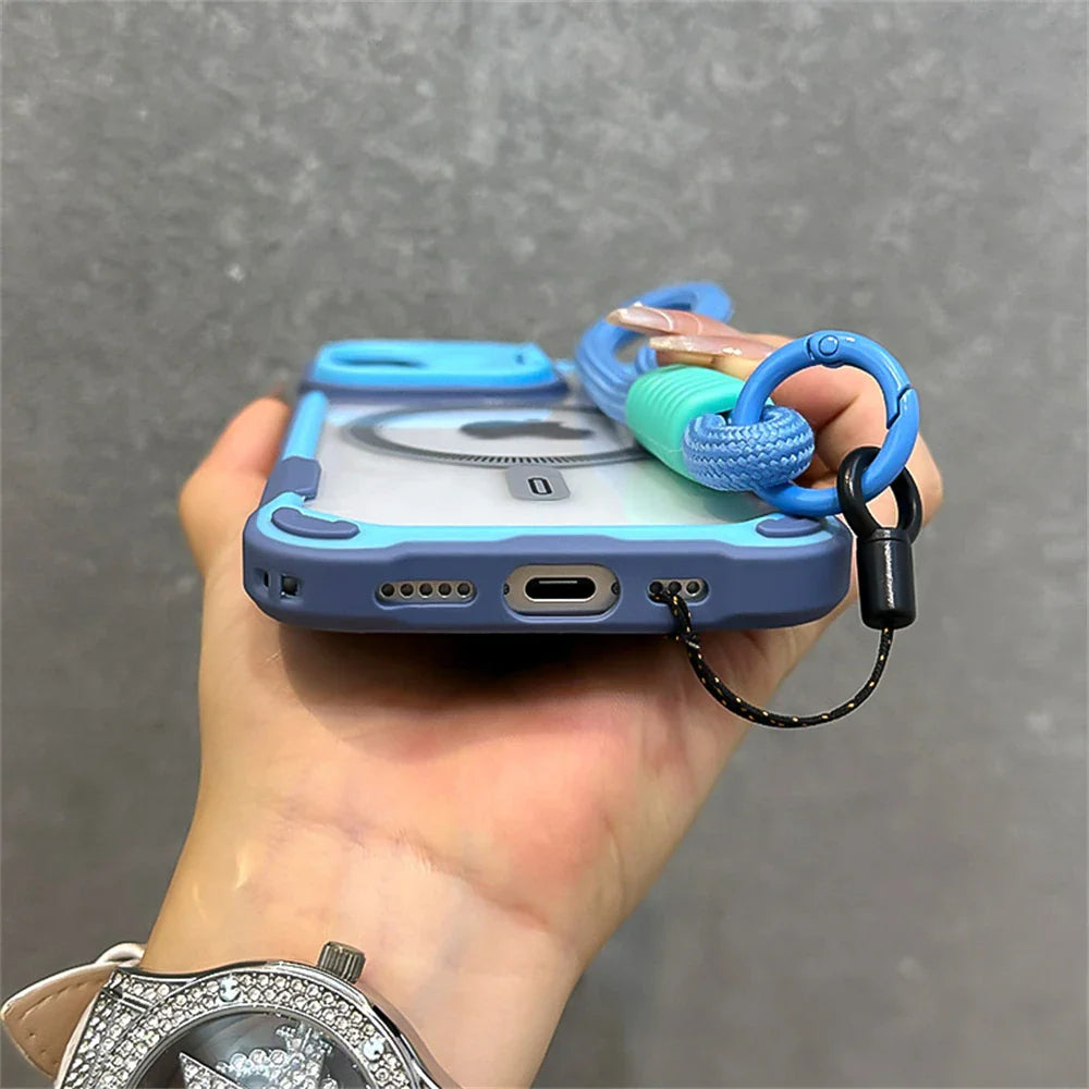 Blue-trimmed phone case with lanyard.