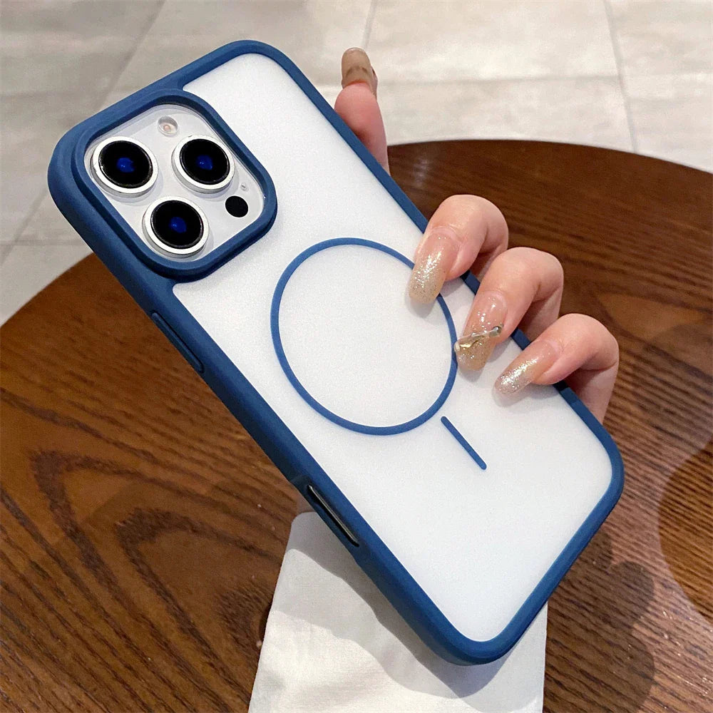 Blue-trimmed phone case with MagSafe compatibility.