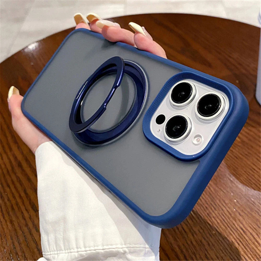 Blue-trimmed phone case with ring stand.