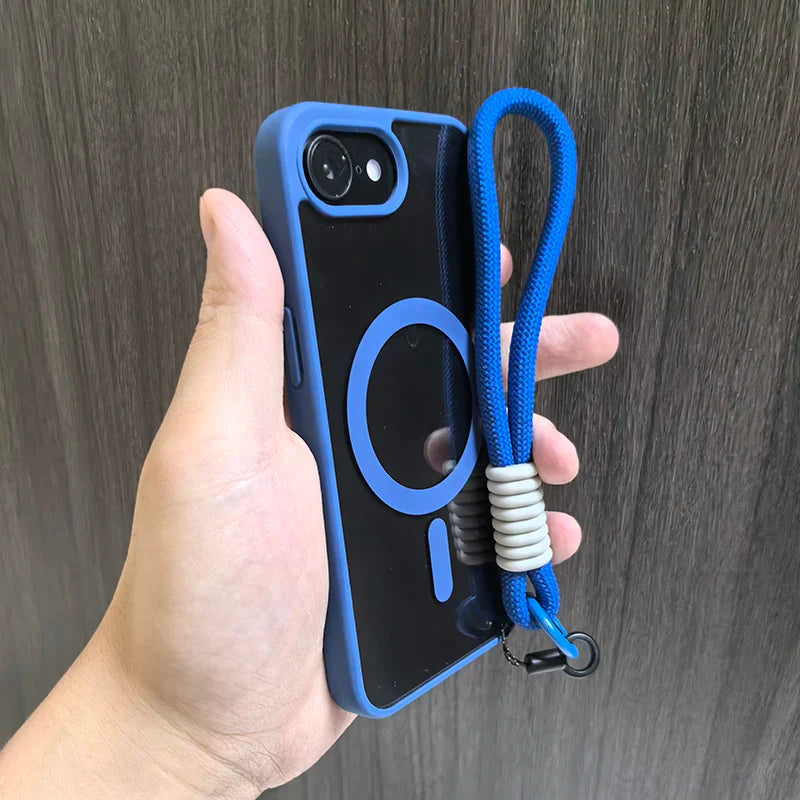 Blue-trimmed phone case with wrist strap.