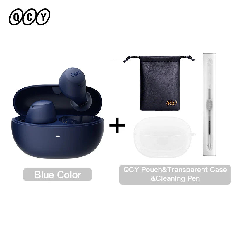 Blue wireless earbuds with accessories.