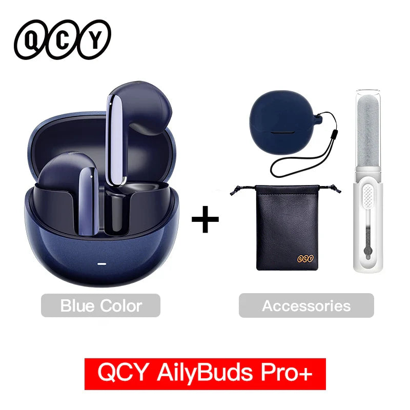 Blue wireless earbuds and accessories.