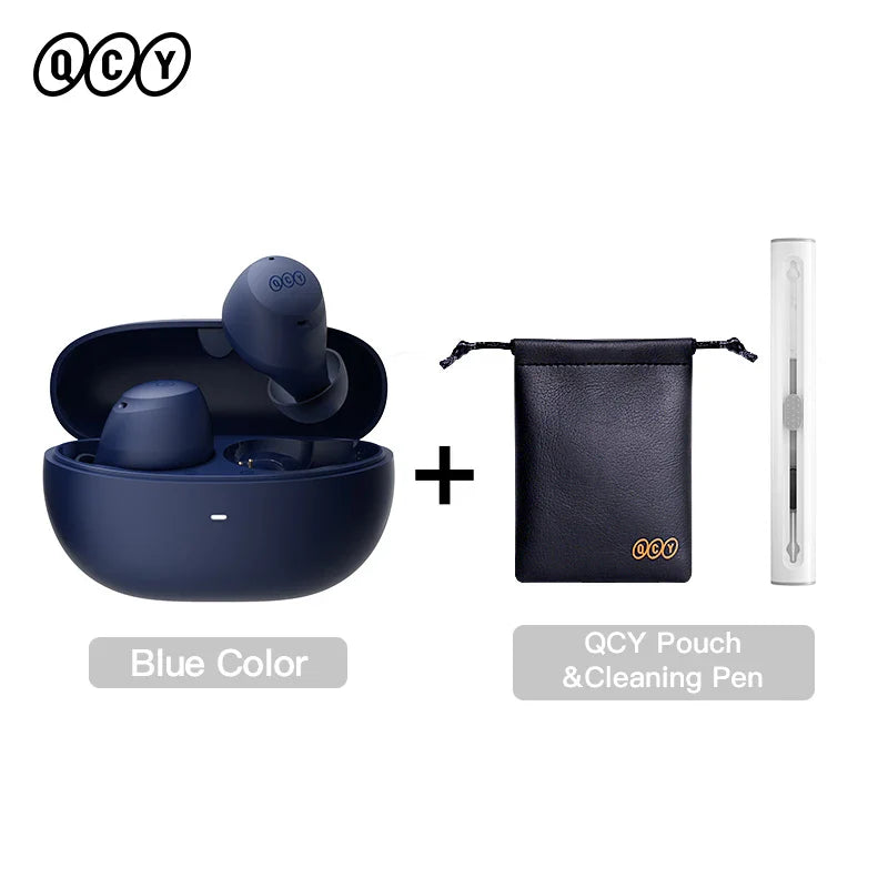 Blue wireless earbuds with charging case, pouch, and cleaning pen.
