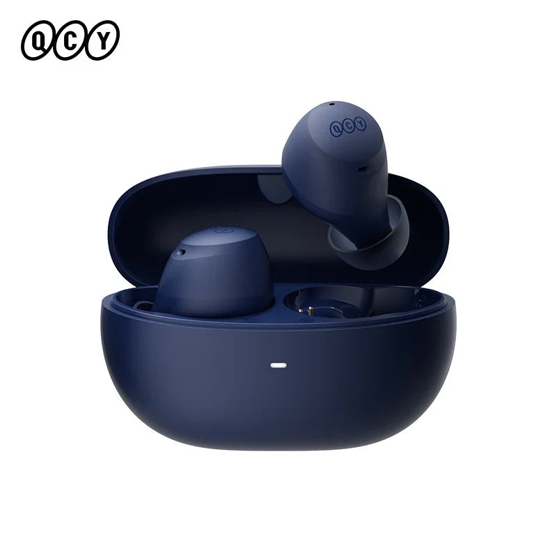 Blue wireless earbuds and charging case.