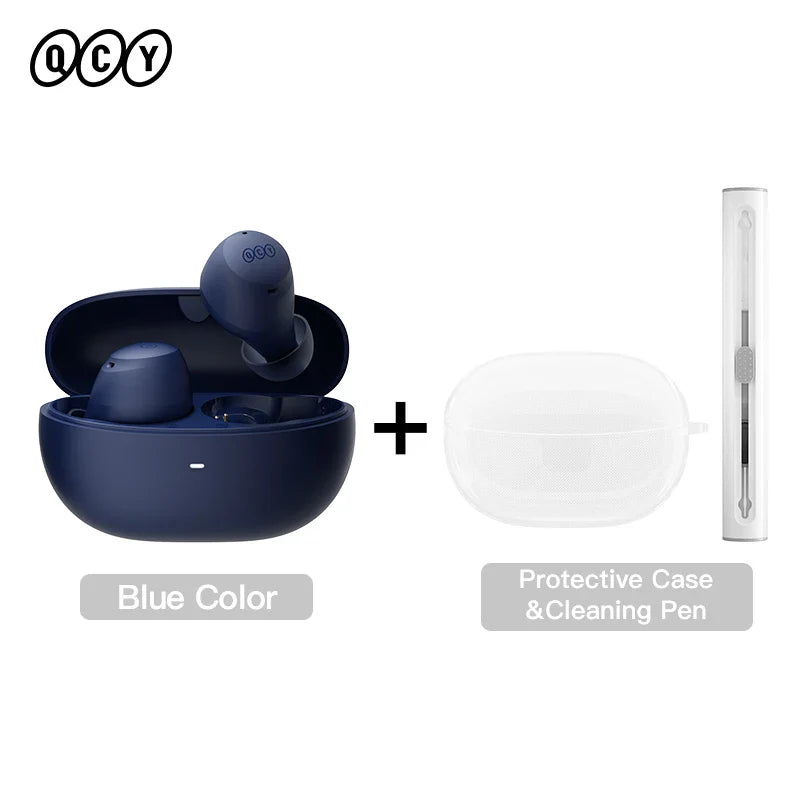 Blue wireless earbuds with case and cleaning pen.