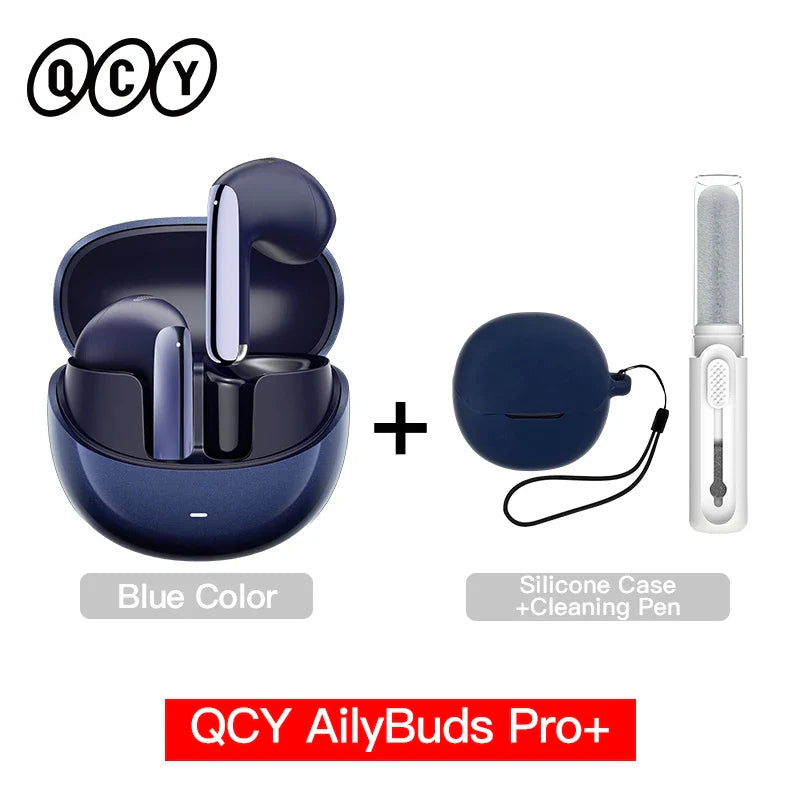 Blue wireless earbuds with charging case, silicone case, and cleaning pen.