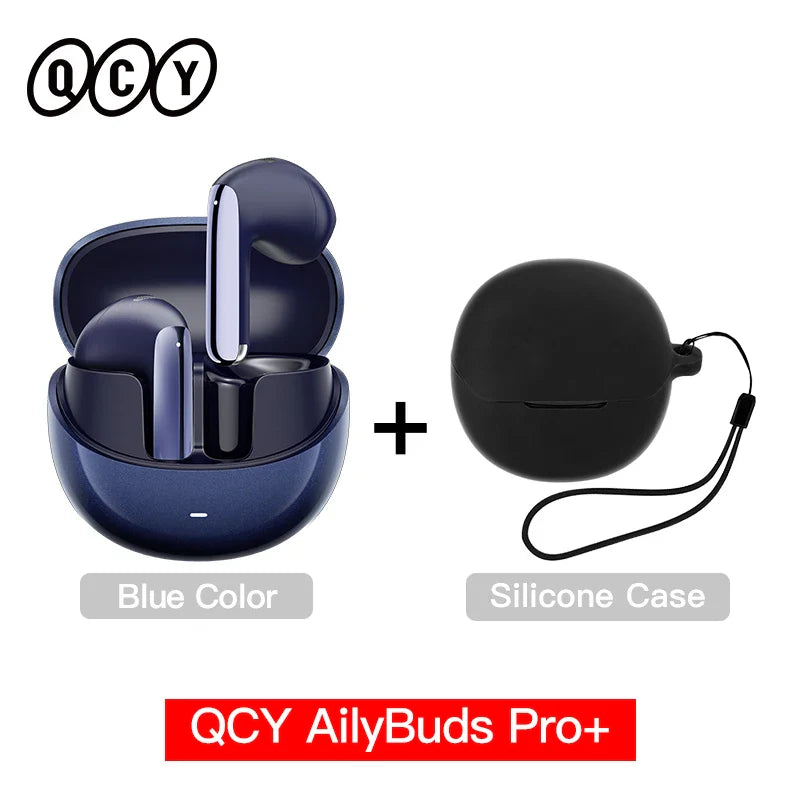 Blue wireless earbuds with charging case.