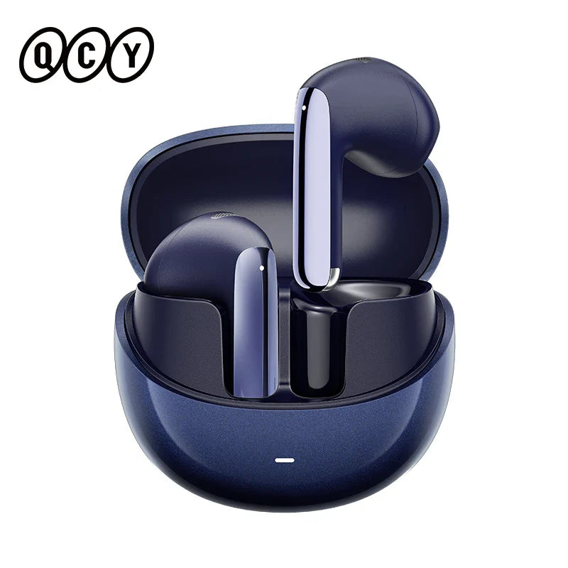 Blue wireless earbuds in charging case.