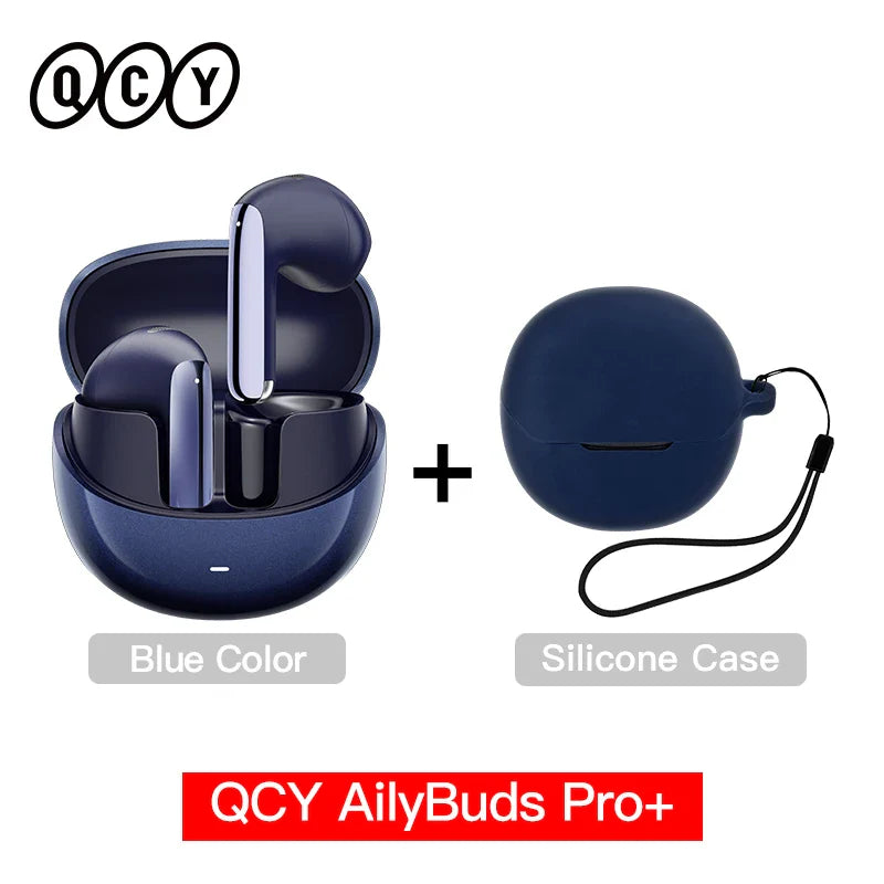 Blue wireless earbuds with charging case and silicone case.