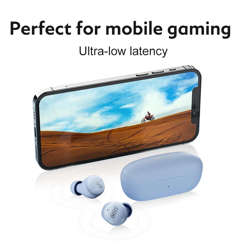 Blue wireless earbuds and charging case.