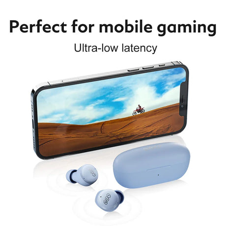 Blue wireless earbuds and charging case.