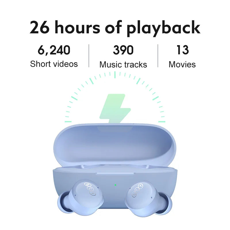 Blue wireless earbuds and charging case.