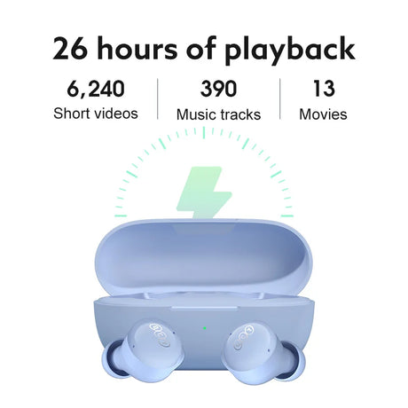 Blue wireless earbuds and charging case.