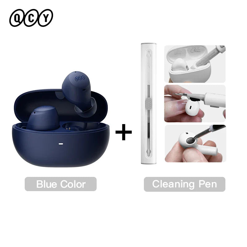 Blue wireless earbuds with cleaning pen.