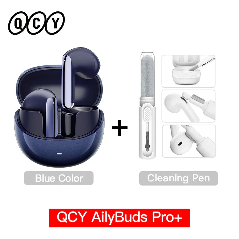 Blue wireless earbuds with cleaning pen.