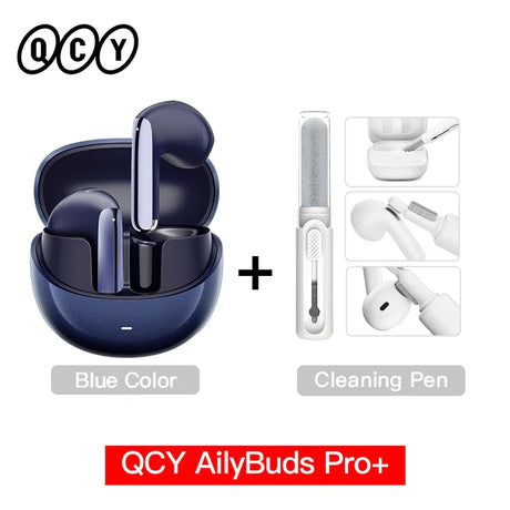 Blue wireless earbuds with cleaning pen.
