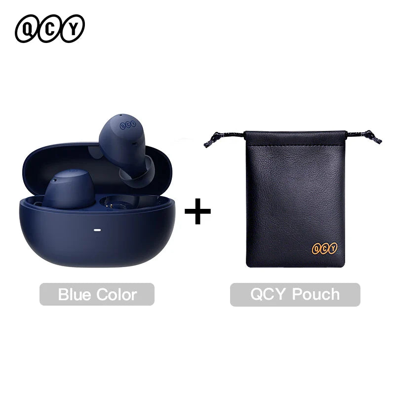Blue wireless earbuds and pouch.