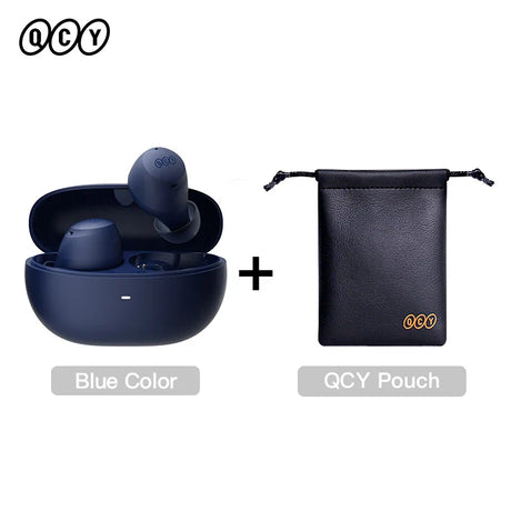 Blue wireless earbuds and pouch.