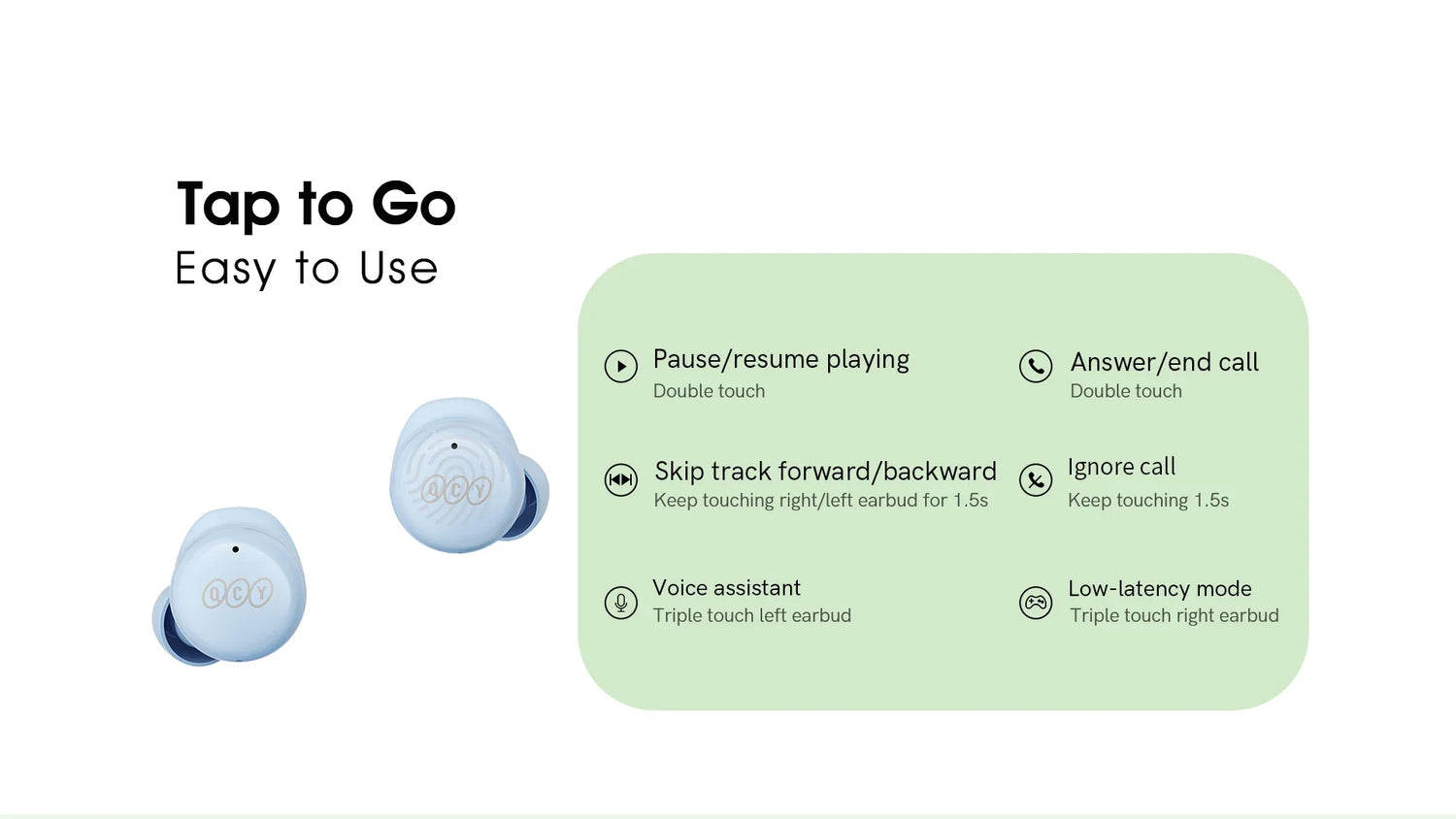 Blue wireless earbuds with touch controls.