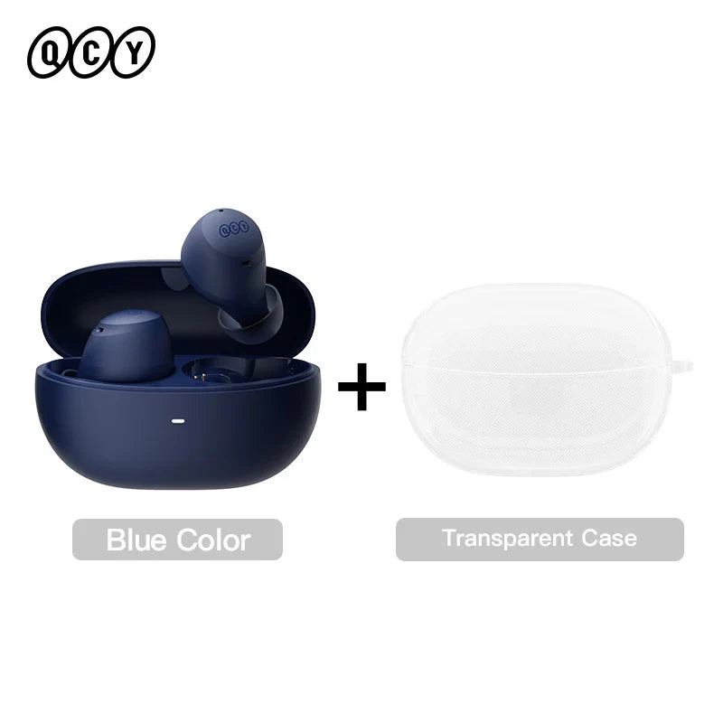 Blue wireless earbuds with transparent case.