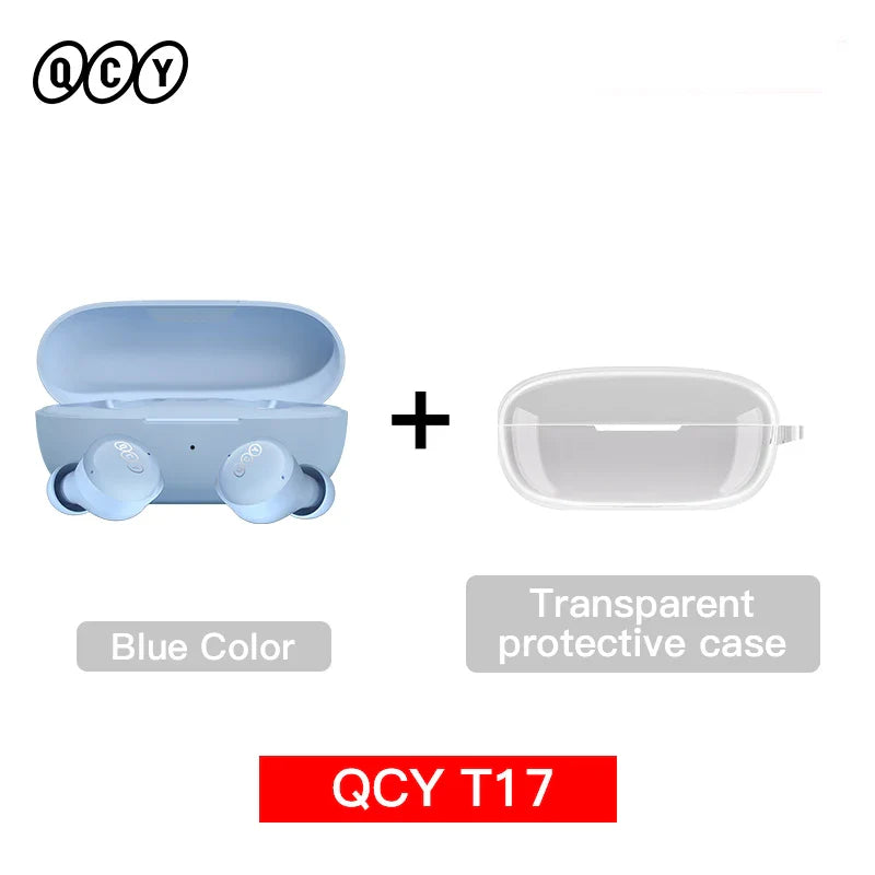Blue wireless earbuds with transparent case.