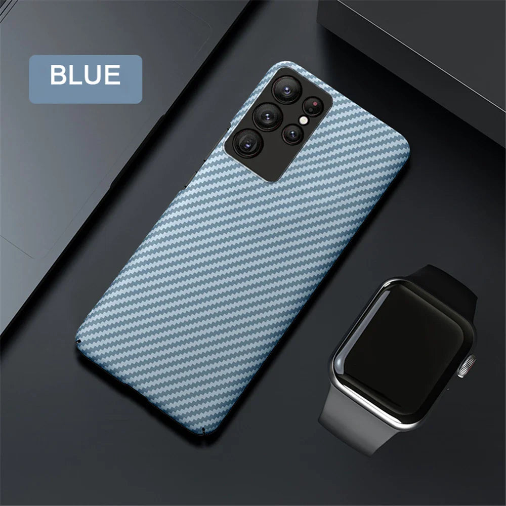 Blue woven pattern phone case for a smartphone with multiple cameras.