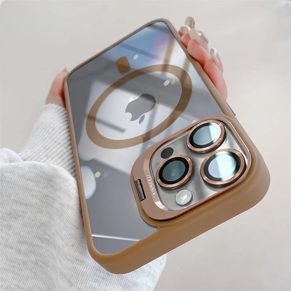 Brown-edged clear phone case with camera lens protection.