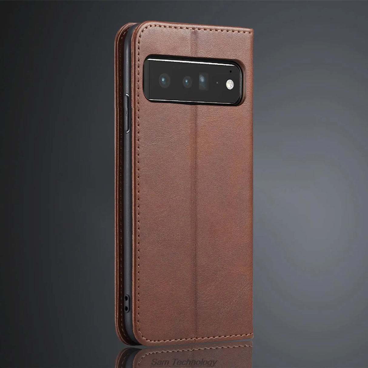Brown faux leather wallet case for a smartphone with a horizontal camera bar.