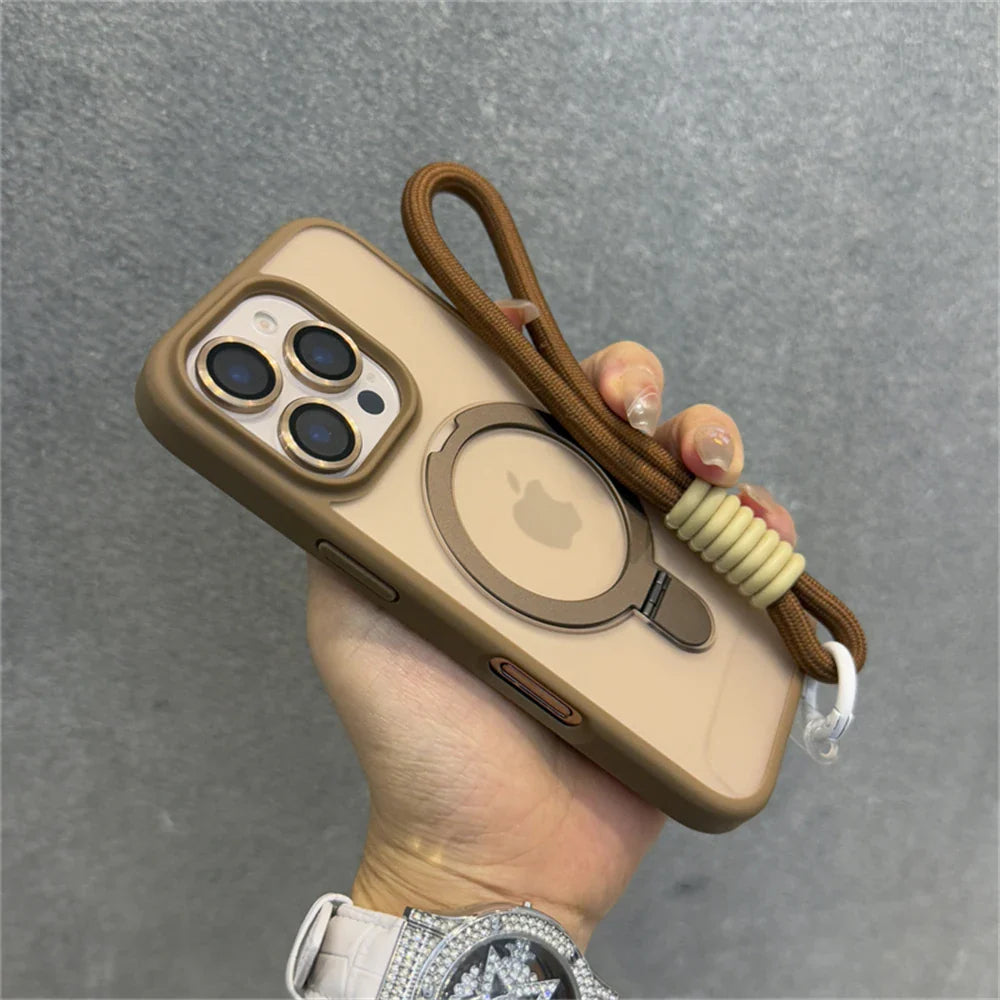 Brown iPhone case with lanyard.