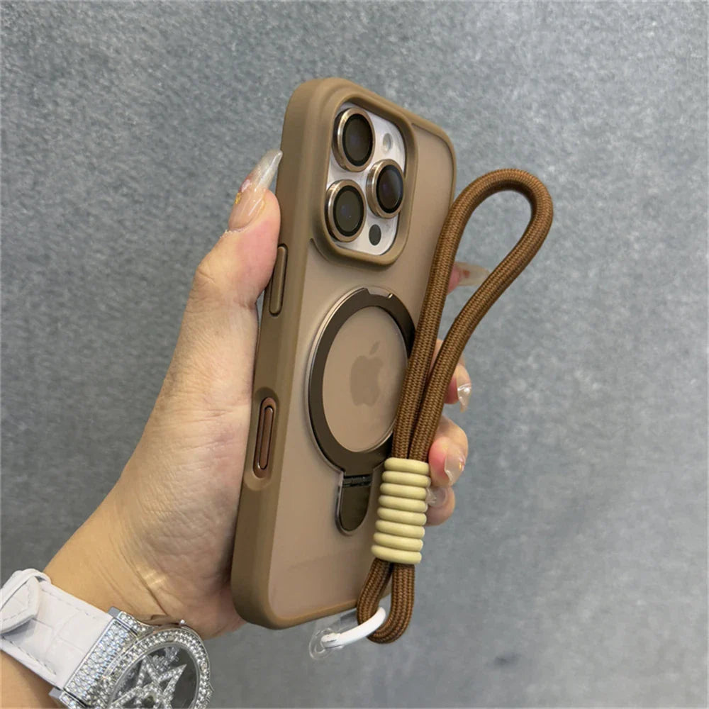 Brown iPhone case with wrist strap.