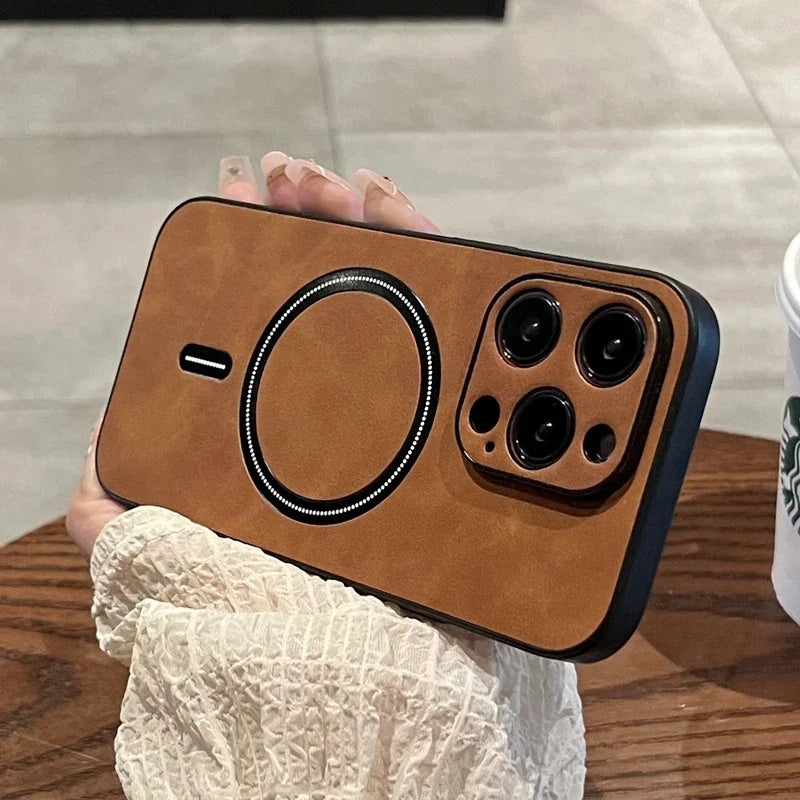 Brown leather iPhone case with MagSafe.
