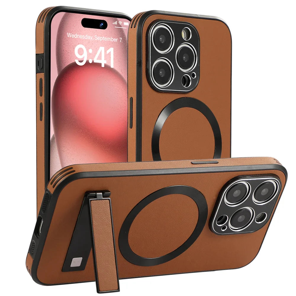 Brown leather iPhone cases with MagSafe.