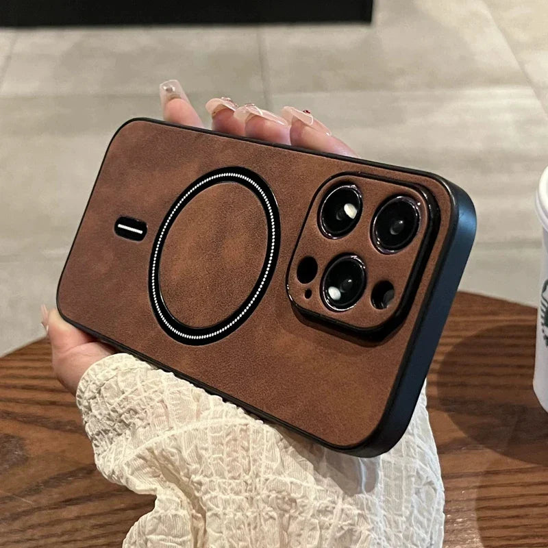 Brown leather phone case with MagSafe.