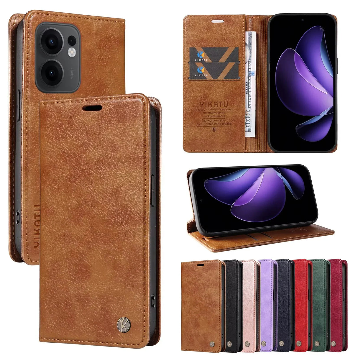 Brown leather wallet phone case with card slots and kickstand feature, available in multiple colors.