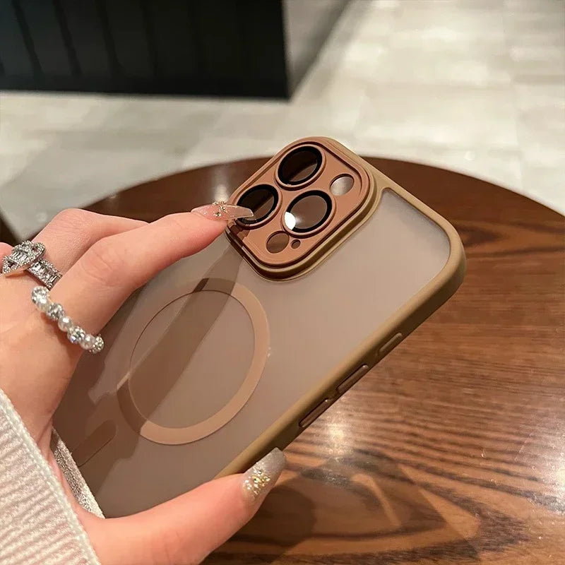 Brown phone case with camera lens protection.