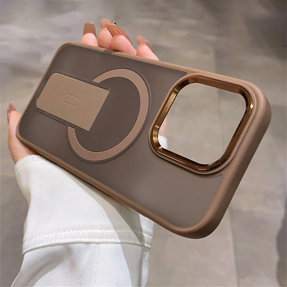 Brown phone case with magnetic ring and camera lens protector.