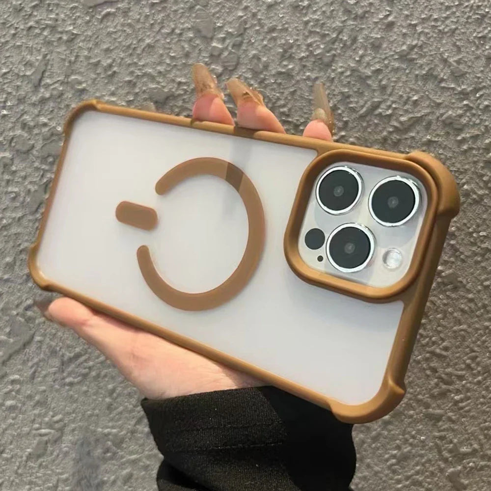 Brown-trimmed phone case with power symbol.