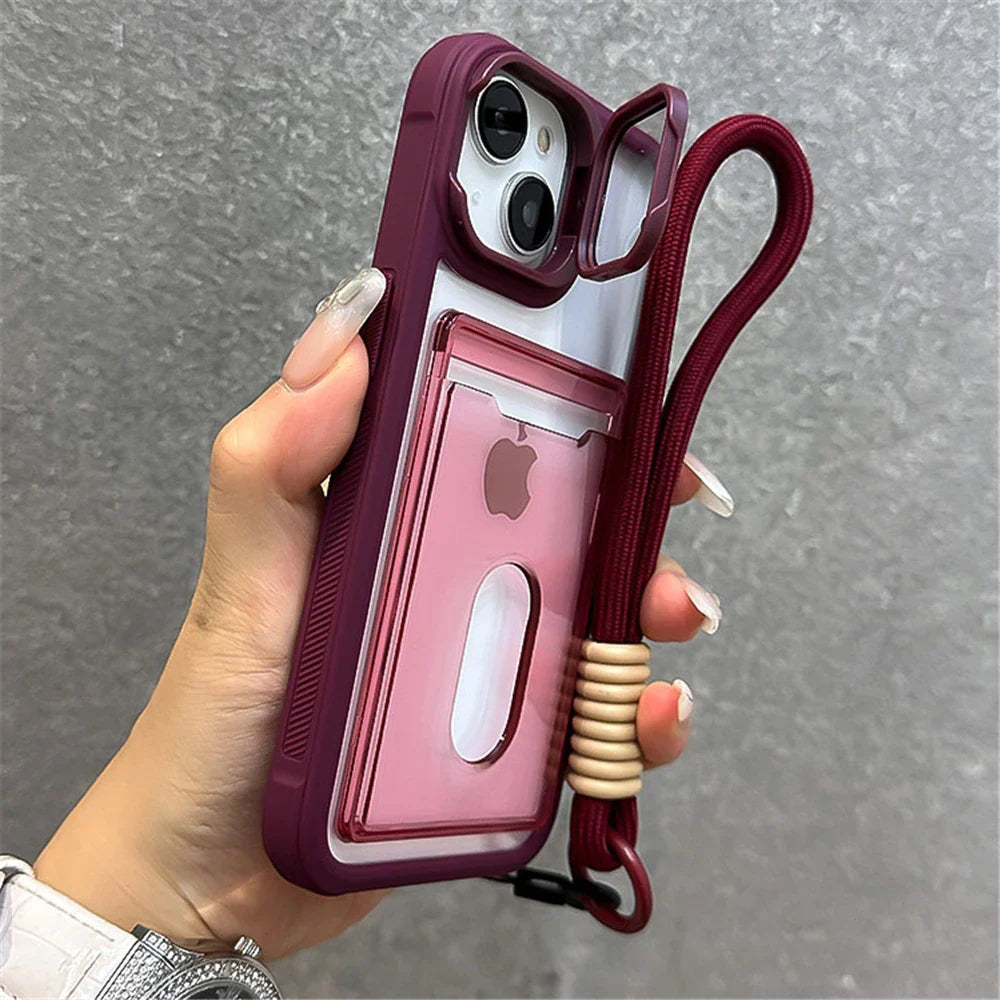 Burgundy phone case with card holder and wrist strap.
