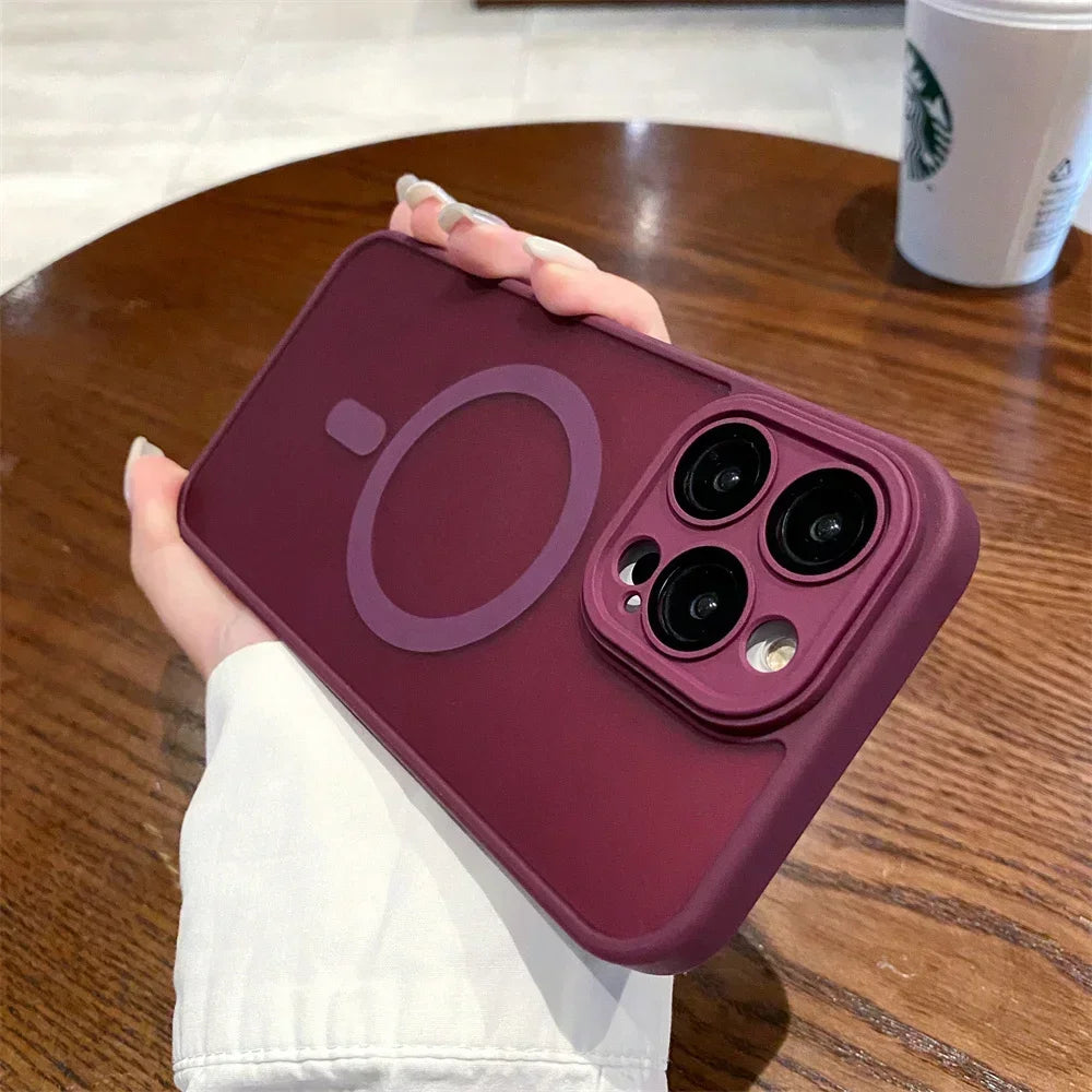 Burgundy phone case with MagSafe ring.