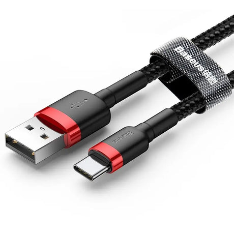 a usb cable with a red and black braid