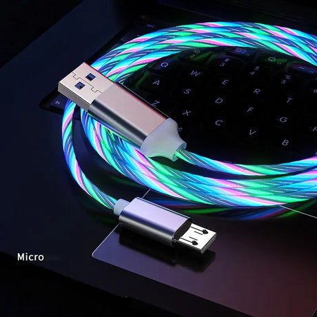 a usb cable with a glowing green and blue light