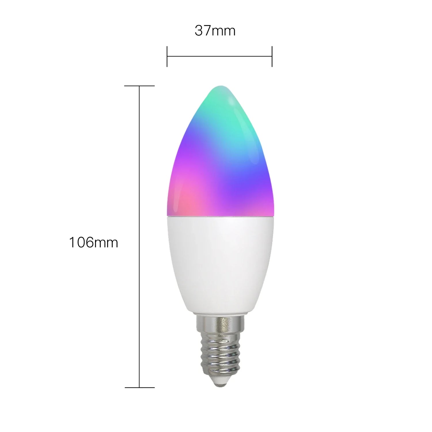 Candle-shaped smart light bulb with dimensions.