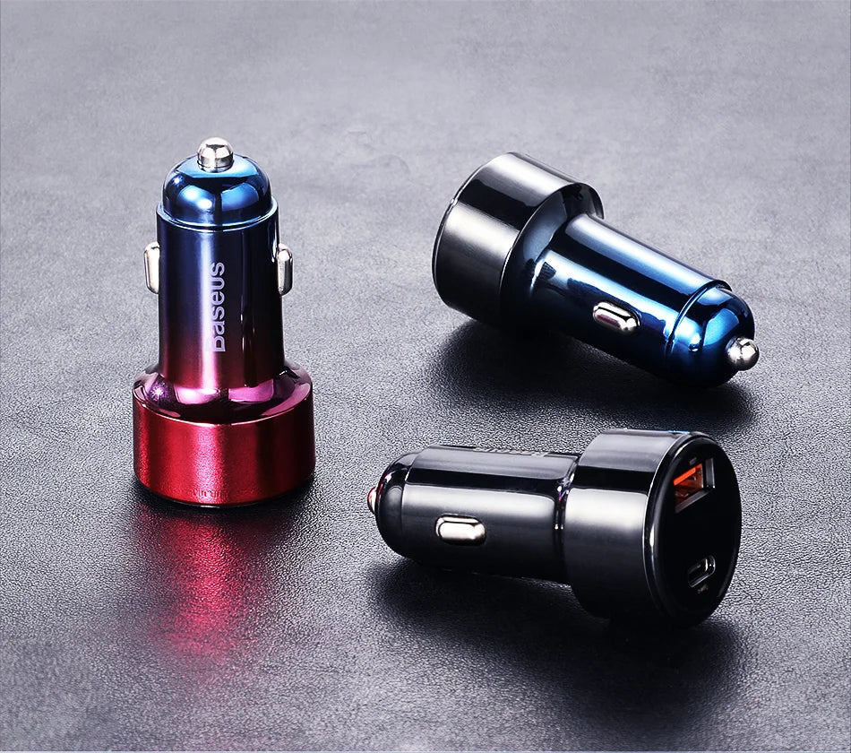 Car chargers with metallic finishes in blue, red, and black colors.