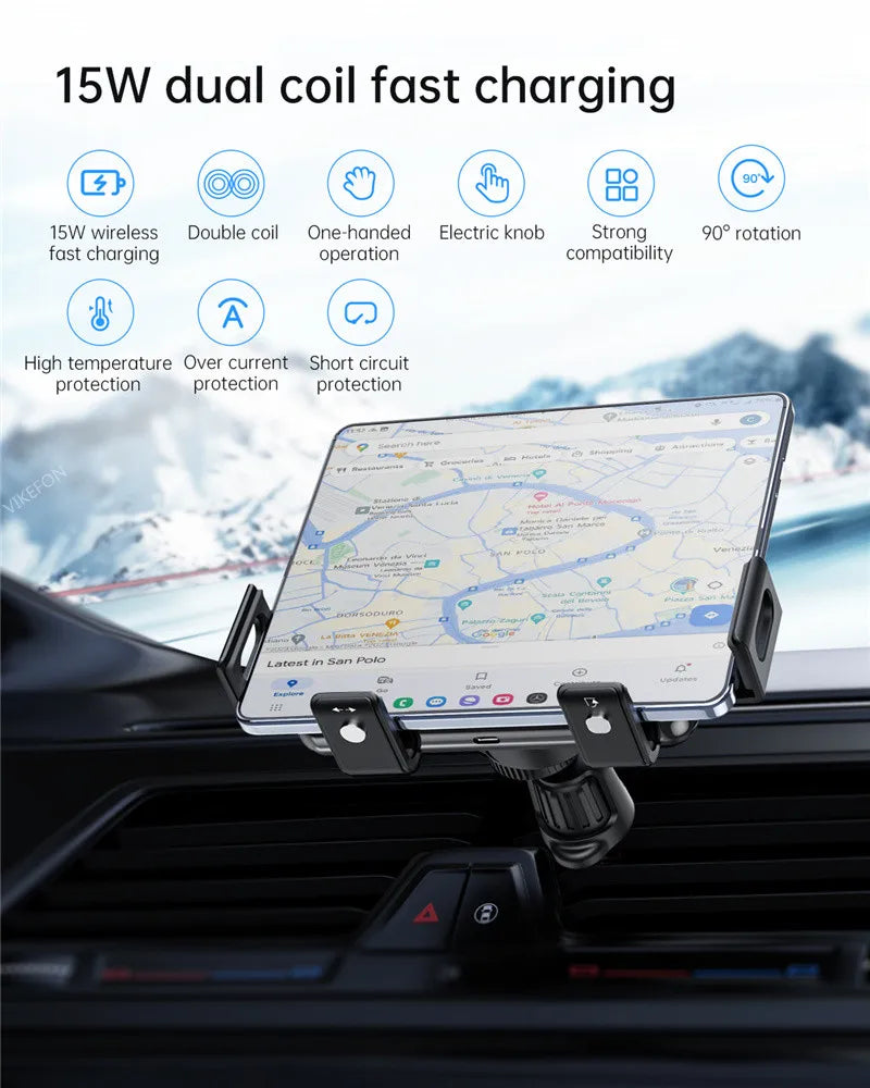 Car dashboard mount for a tablet or smartphone with wireless charging capabilities.
