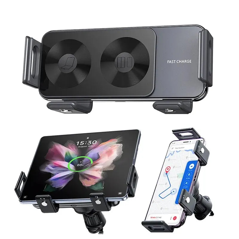 Car phone mount with wireless charging capabilities for tablets and smartphones.