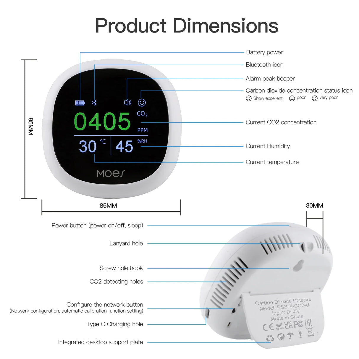 Carbon dioxide monitor with dimensions and features labeled.