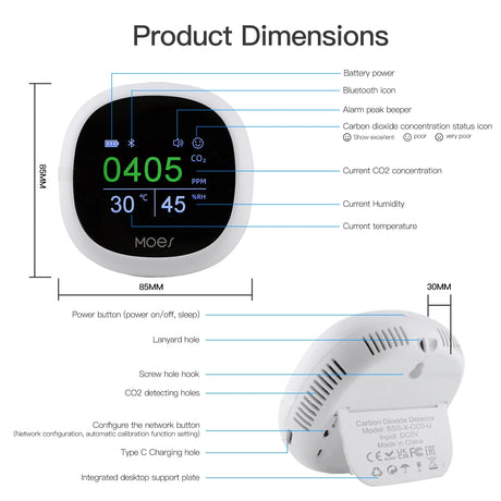 Carbon dioxide monitor with dimensions and features labeled.