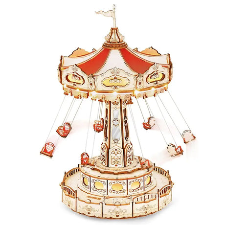 a carousel with a red and white top