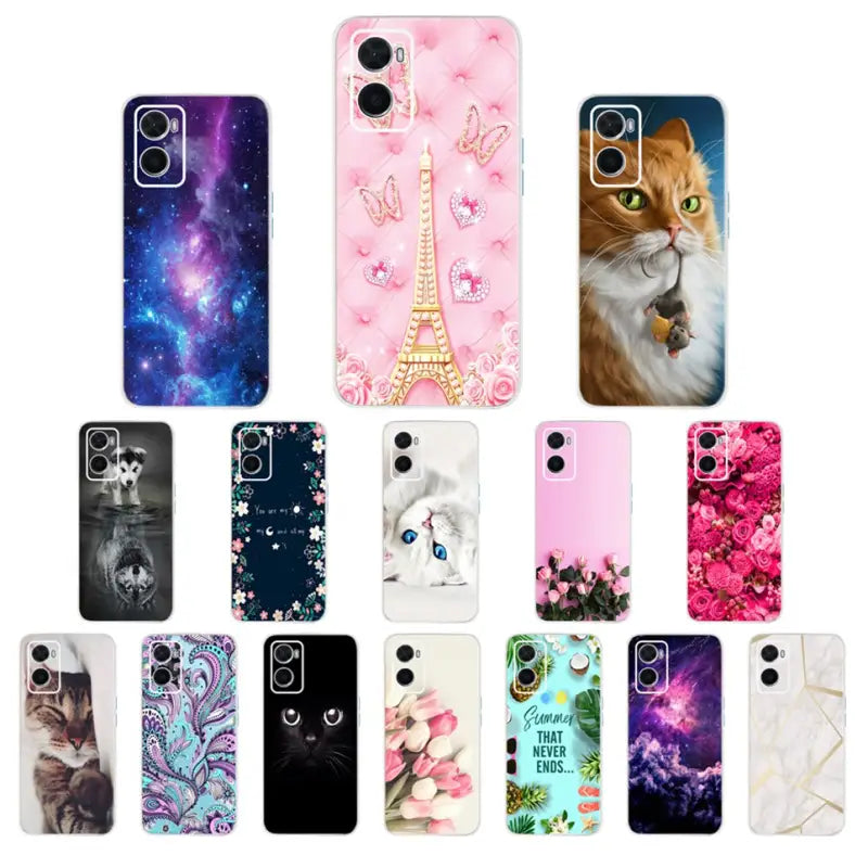 a set of six cases with a cat and flowers on them